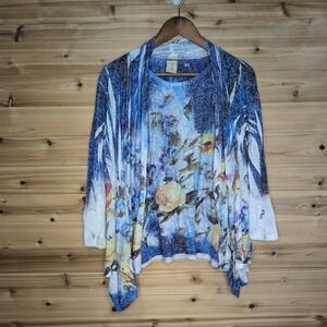 Jess & Jane Blue Floral Rhinestone Twin Set Cardigan Tank Top Large